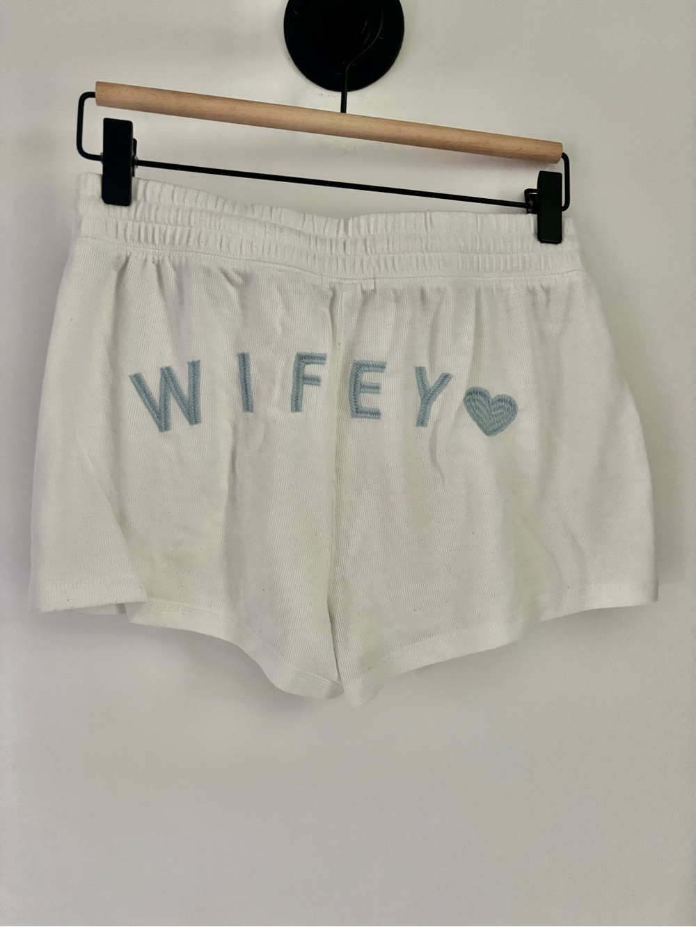 PJ Salvage White Lounge Shorts with Light Blue "WIFEY" Embroidery